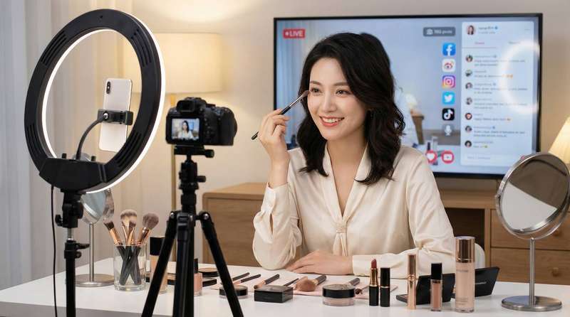 落地窗前美妆直播视频